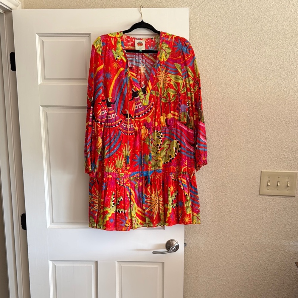 FARM Rio Red and Purple Bishop Sleeve Sundress